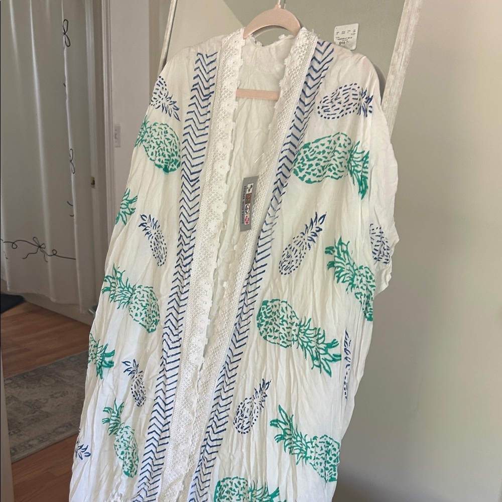 Women’s Pineapple Print Swim Coverup Kimono - White with Green & Blue